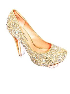 LAUREN LORRAINE CRYSTAL GOLD CINDERELLA BLING CRYSTAL HIGH HEEL SHOES - SIZE 7